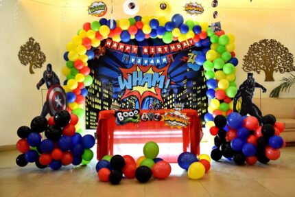 Avengers Theme Birthday Decoration Setup with Superhero Backdrop, Balloon Arch & Table Decor