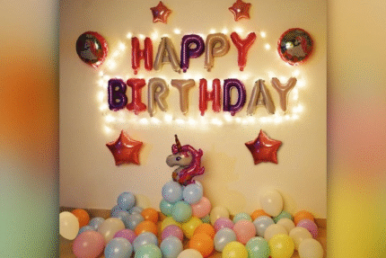 Unicorn Birthday Wall Decoration with LED Lights & Multicolor Balloons | Happy Birthday Foil Setup