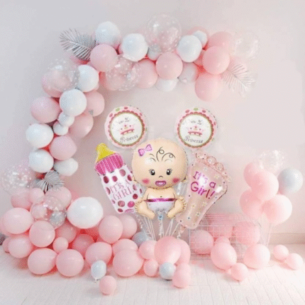 It’s a Girl Baby Girl Welcome Balloon Arch Setup | Pink & White Pastel Baby Shower Decoration