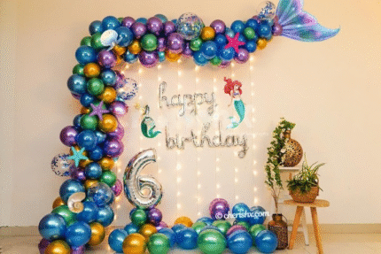 Luxurious Mermaid Birthday Decoration with Fairy Lights, Balloon Arch & Ariel Theme