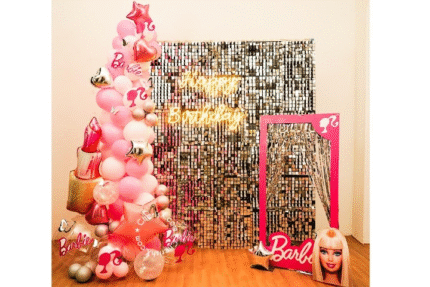 Barbie Theme Birthday Decoration | Sequin Backdrop with Balloon Garland & Selfie Frame