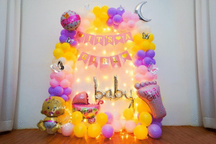 It’s a Girl Baby Shower Decoration Setup | Pink & Yellow Balloon Arch with Lights & Foil Props
