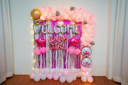 Welcome Baby Girl Balloon Decoration | Pink & Silver Fringe Backdrop for Home or Hospital