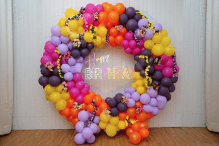 Vibrant Circular Balloon Ring Birthday Backdrop – Floral Neon Sign Decoration for Kids & Adults