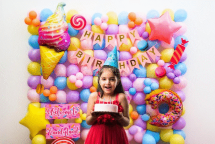 Candyland Birthday Decoration Setup | Colorful Balloon Backdrop with Ice Cream & Donut Theme