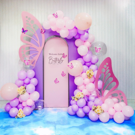 "Welcome Little Butterfly" Baby Girl Decoration Kit – Purple & Pink Balloon Backdrop with Butterfly Wings