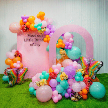 Colorful Baby Welcome Decoration Setup | “Bundle of Joy” Theme with Balloons & Butterfly Foils