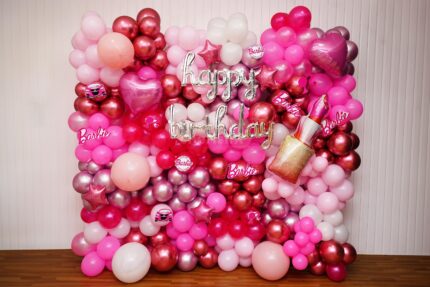 Barbie Theme Birthday Balloon Backdrop Decoration – Pink, Rose Gold & Silver Balloon Wall with Lipstick, Heart & Star Foils