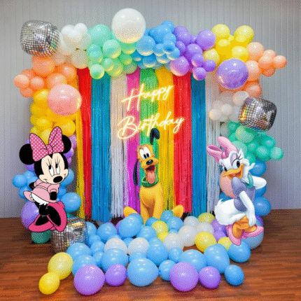 Mickey & Friends Birthday Backdrop with Rainbow Balloon Arch and Minnie, Daisy & Pluto Decor