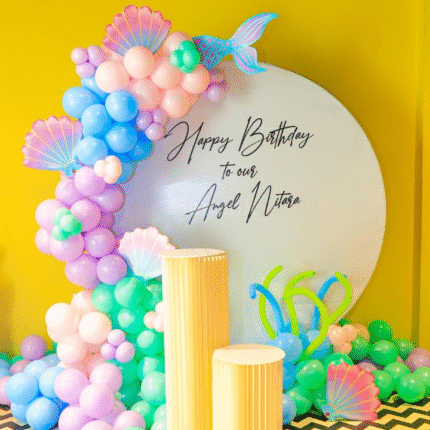 Elegant Pastel Mermaid Birthday Backdrop with Personalized Message & Balloon Decor