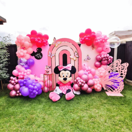 Pink Minnie Mouse Birthday Backdrop with Rainbow Arch, Balloons & Butterfly Theme