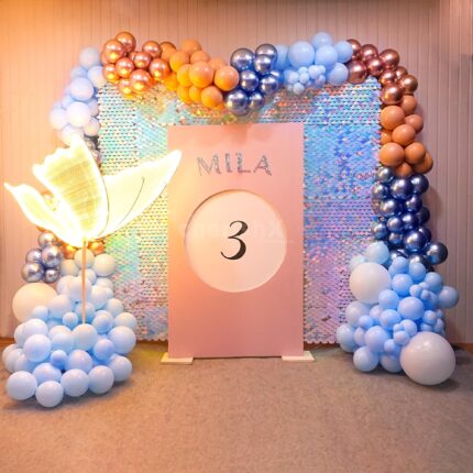 Elegant Pastel Birthday Decoration | Sequin Backdrop with Name Board & Balloon Arch