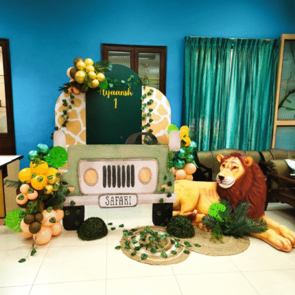 Safari Jungle Theme 1st Birthday Decoration Setup with Jeep Cutout & Lion Prop