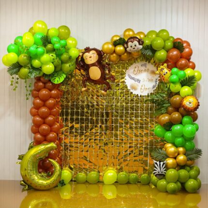 Jungle Safari Monkey Theme Birthday Decoration – Palm Tree Balloon Arch, Gold Backdrop & Animal Foil Balloons