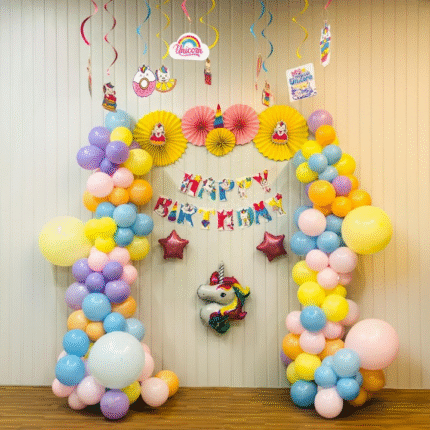 Unicorn Theme Birthday Decoration Setup | Colorful Balloon Arch & Backdrop for Girls' Party