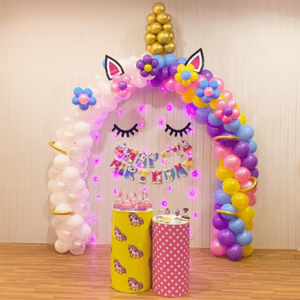 Unicorn Theme Birthday Party Decoration Setup | Rainbow Balloon Arch & Magical Decor for Girls