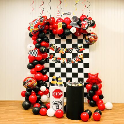Cars Theme Racing Birthday Decoration Kit – Lightning McQueen, Race Track Backdrop, Red-Black Balloon Arch & Route 66 Props (Boys)**