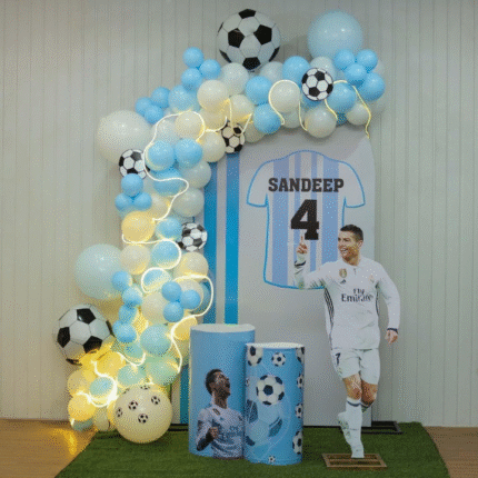 Football Theme Birthday Decoration Kit – Ronaldo Cutout, Customized Jersey Backdrop, Soccer Balloons & LED Arch (Boys)**