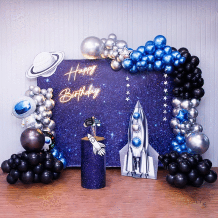 Space Theme Birthday Decoration Kit for Kids – Astronaut, Rocket, Galaxy Backdrop & Balloon Arch Set (Blue, Silver, Black)**