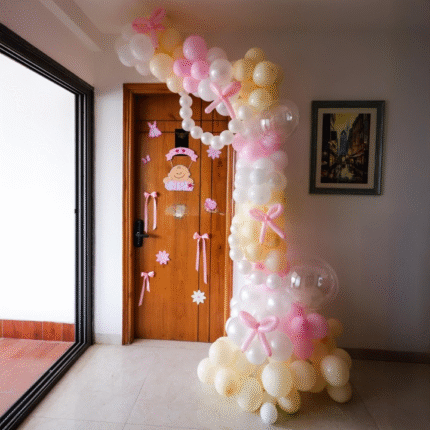 Baby Girl Welcome Door Decoration | Pink & Cream Balloon Arch with Ribbons & Cute Cutouts