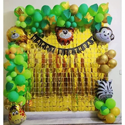 Jungle Safari Theme Birthday Decoration – Animal Balloons, Green Balloon Arch & Golden Backdrop for Kids Party