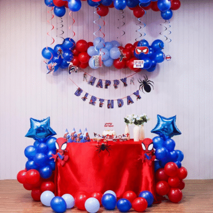 Spiderman Birthday Table Decoration Setup with Ceiling Balloons, Banner & Star Foils